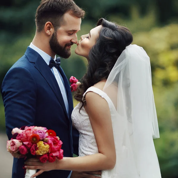 Schöner Bräutigam umarmt schöne Braut — Stockfoto