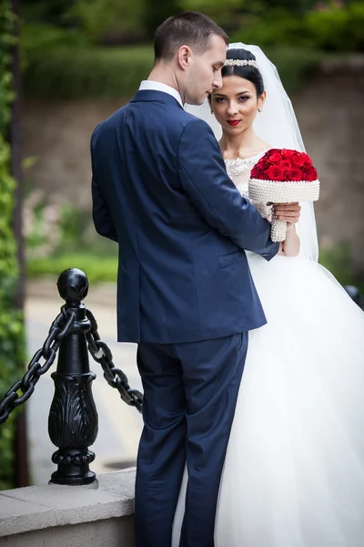 Sposa bruna emotiva abbracciare lo sposo — Foto Stock