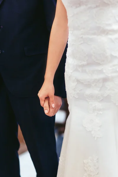 Bride and elegant groom holding hands, — Stock Photo, Image