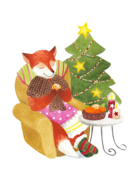 Watercolor illustration of a cute fox with a tangerines and a christmas tree. Isolated on a white background. For design, decoration, printing, postcards