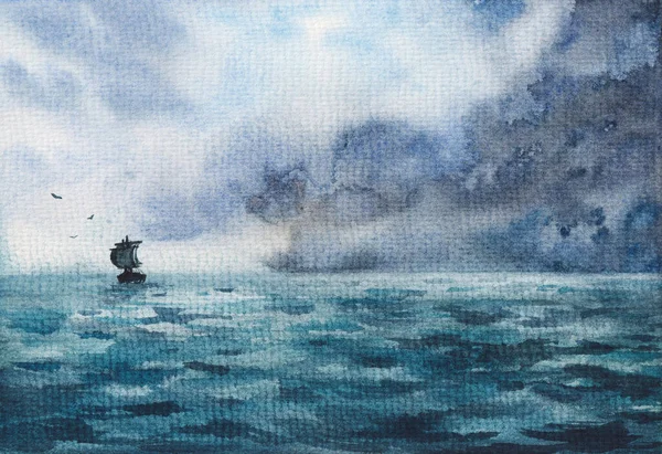帆船と雲と水彩の海景 質感の紙に暗い色で差し迫った嵐のイメージ — ストック写真
