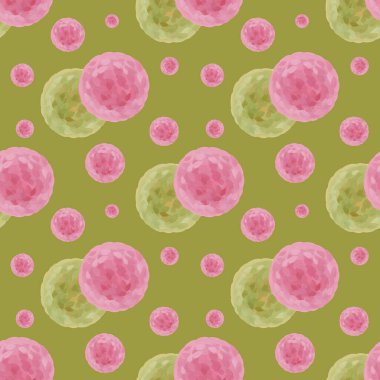 Farklı boyutlarda daireleri olan kusursuz desenler yeşil arka planda pembe ve yeşil renkler. Tekstil, kumaş, yatak, giysi, aksesuar, kağıt, ambalaj, bebek ürünleri için
