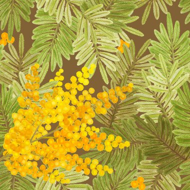 Koyu renkli çiçekleri ve kahverengi arkaplanda yaprakları olan yoğun bir mimoza dalları dokusuna sahip pürüzsüz bir desen. Duvar kağıdı, ambalaj, tekstil, kumaş, perde, yatak, giysi, aksesuar