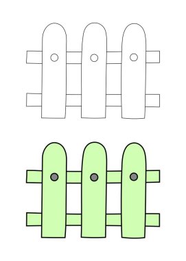 Basit düz grafik taslak şeklinde alçak ahşap bir çit parçası. İzole vektör dekoratif bahçe çitleri. Bir peyzaj tasarımı elementinin el çizimi doğrusal ve renkli çizimi