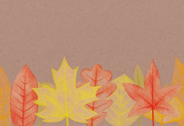 El sarısı çizilmiş pürüzsüz sınır, pürüzlü bir dokusu olan kırmızı sonbahar yaprakları. El işi kağıdına renkli kalemler çizilmiş. Renkli illüstrasyon, dekorasyon için sanat tasarımı ögesi