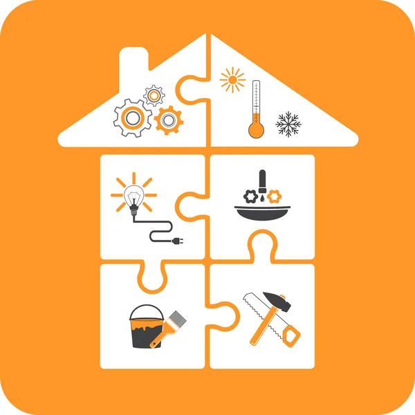 Maison-puzzles avec outils de réparation design plat — Image vectorielle