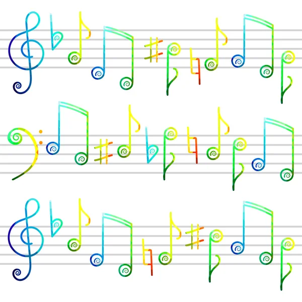 Notas musicales de colores fondo de dibujo a mano alzada — Vector de stock