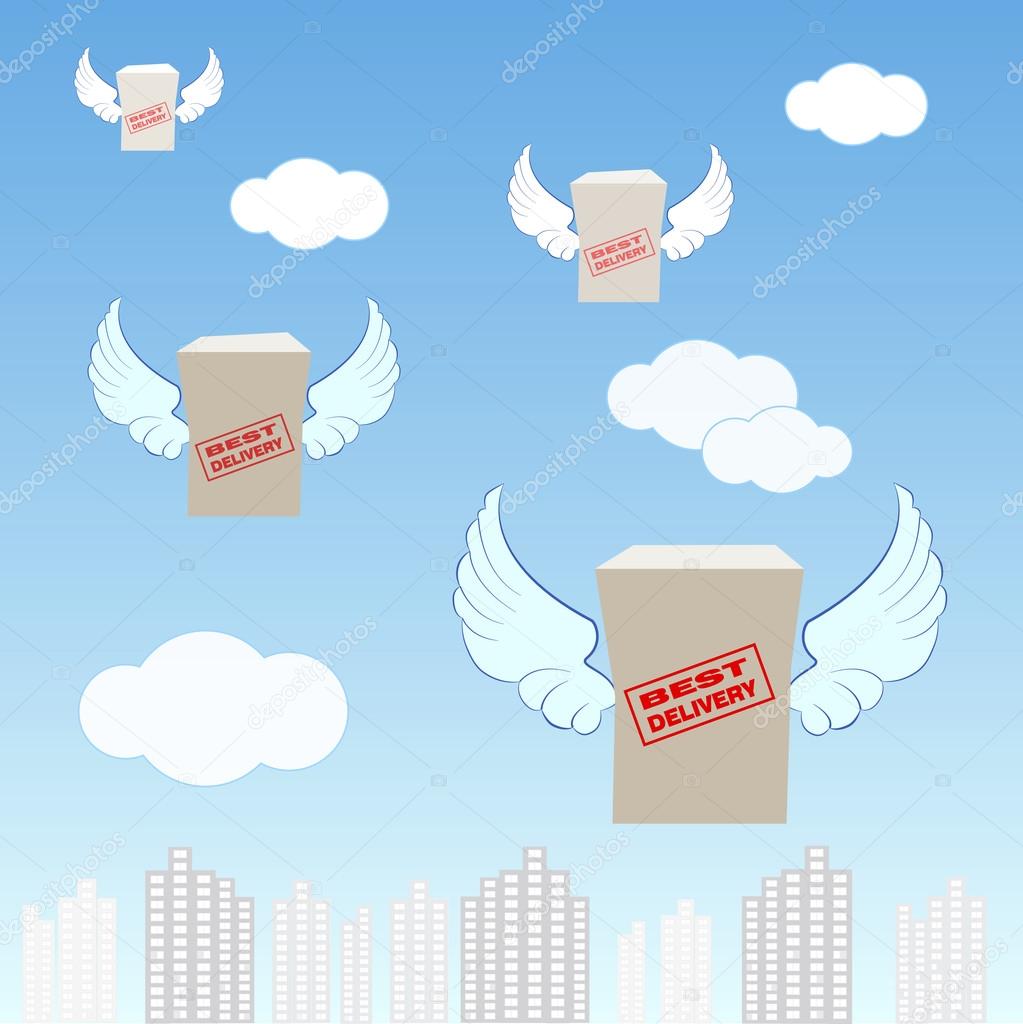 logistics company, boxes with wings, flying over the city,