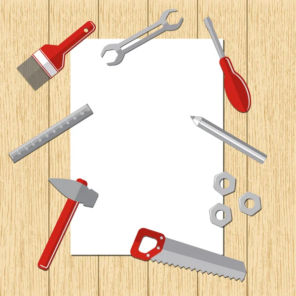 Outils de réparation sur feuille blanche de papier sur fond en bois — Image vectorielle