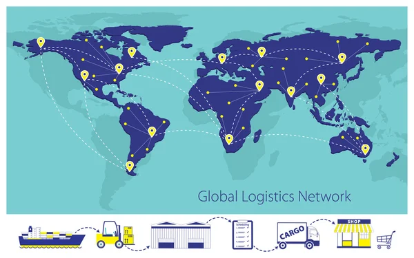 全球的物流网络，全球范围内的货物运送 — 图库矢量图片