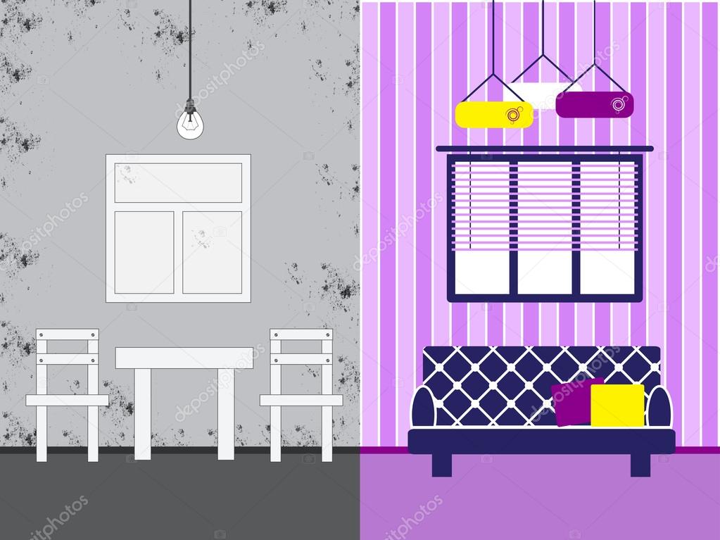 Room before and after repair, redecoration