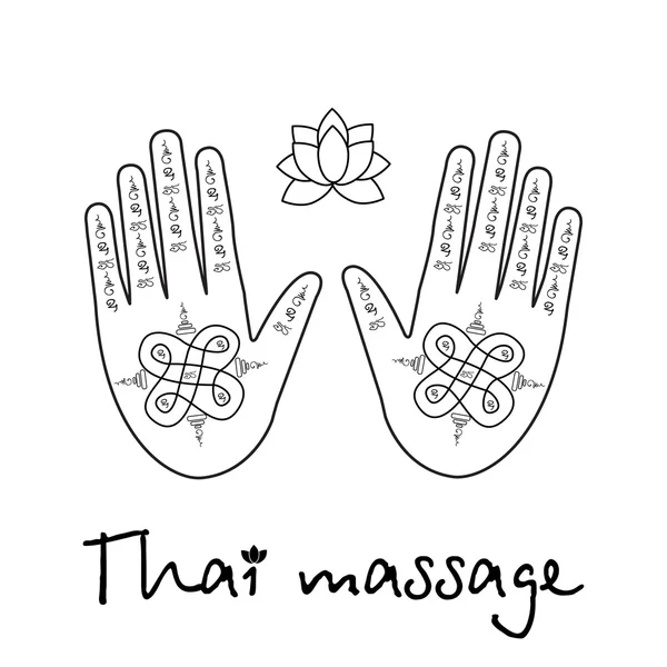 Logo thai massage, hands with the thai pattern and a lotus flower — Stock Vector