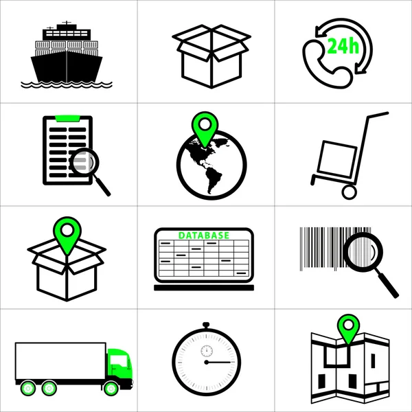 Wektor zestaw czarna i zielona ikona logistyczne i wysyłki. — Wektor stockowy