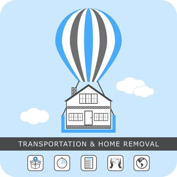 Transporte y eliminación del hogar - vector de stock. Casa en el globo para mover, diseño plano . — Vector de stock