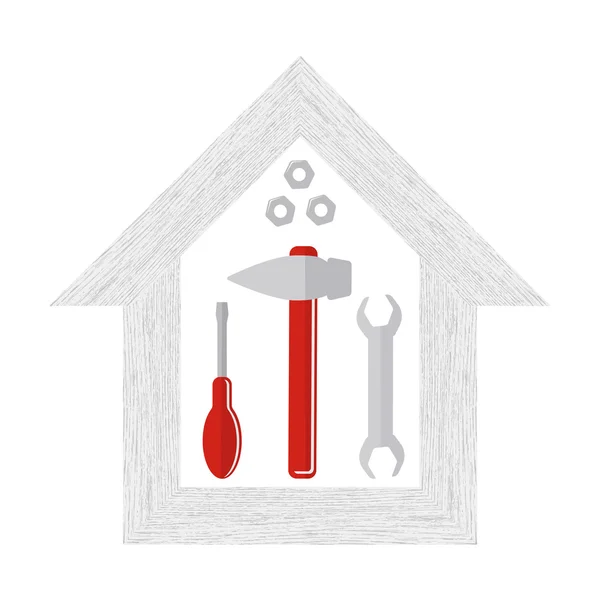 Logoumbau. Werkzeuge zur Reparatur. Holzsilhouette des Hauses, Gestaltung von Bannern mit zu reparierenden Werkzeugen, flaches Design. — Stockvektor