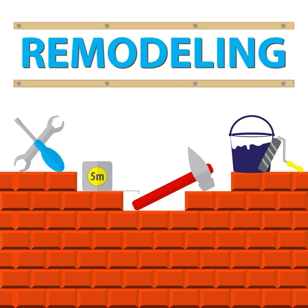 Casa de herramientas de remodelación en la pared de ladrillo. Logo de remodelación. Herramientas de estilo plano para la construcción, remodelación y reparación, icono de remodelación de la casa . — Vector de stock