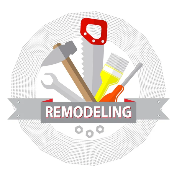 House remodel tools. Logo home repair service. House repair company logo. Flat style tools for building, remodel and repair. — Stock Vector