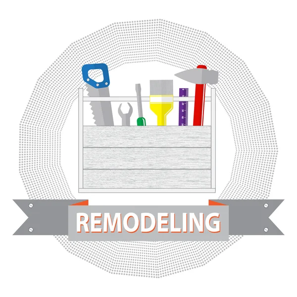 家の改造ツールです。ロゴの家の修理サービス。家の修理会社のロゴ。建物、改造および修理のためのフラット スタイル ツール. — ストックベクタ