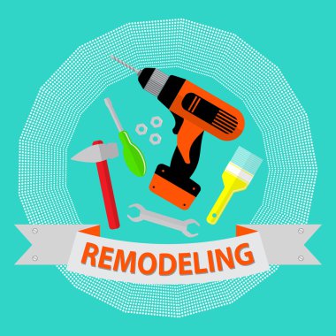 Mavi arka plan üzerinde onarım araçları kümesi. Hisse senedi vektör. Düz tasarım.