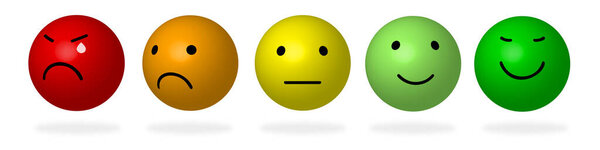 Обратная связь / Настроение 3D Color Faces. Набор пяти граней шкалы - грустная нейтральная улыбка - изолированная векторная иллюстрация. 3D дизайн лиц с тенью. Ранг или уровень удовлетворенности. S10.