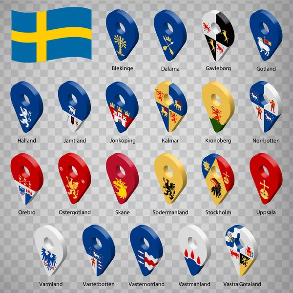 Ventuno Bandiere Contee Svezia Ordine Alfabetico Con Nome Serie Segni — Vettoriale Stock