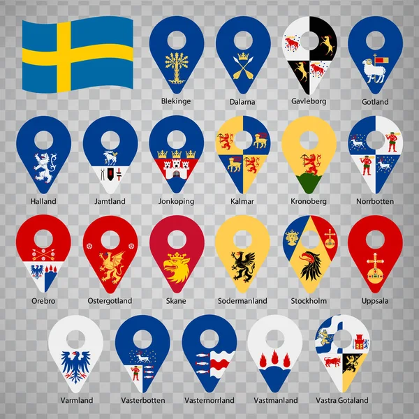 21はスウェーデンの郡にフラグを立てます 名前でアルファベット順に スウェーデンのフラグ郡のような2番目の地理的標識のセット あなたのデザインのための21第2の地理位置記号 Eps10 — ストックベクタ