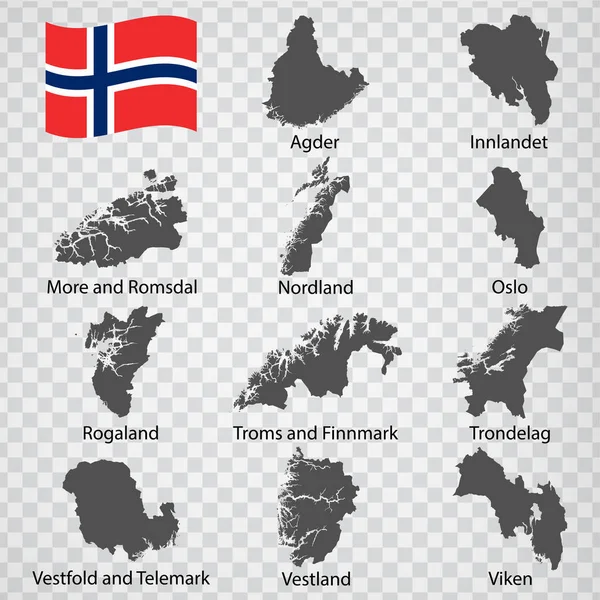 Once Mapas Regiones Noruega Orden Alfabético Con Nombre Cada Mapa — Vector de stock