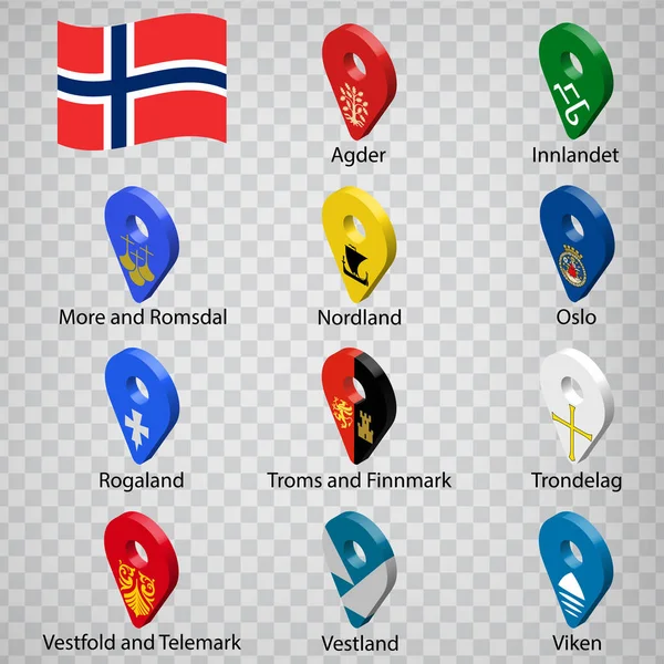 Elf Flaggen Die Counties Norway Alphabetische Reihenfolge Mit Namen Eine — Stockvektor