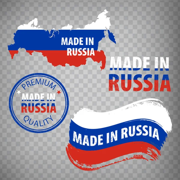 俄罗斯制造的橡皮图章图标在透明的背景上孤立 在俄罗斯联邦制造或生产 俄罗斯地图 一套为您设计的磨擦橡皮图章 Eps10 — 图库矢量图片