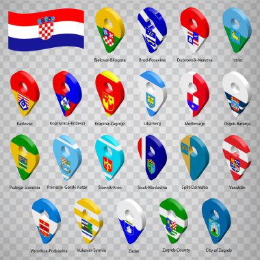 Hırvatistan Bölgesi 'nde 21 numara işaretlendi. Alfabetik sıraya göre isim verildi. Hırvatistan 'ın bayrakları gibi 3 boyutlu konum belirleme işaretleri. Tasarımın için yirmi bir tane üç boyutlu yer belirleme işareti. EPS10