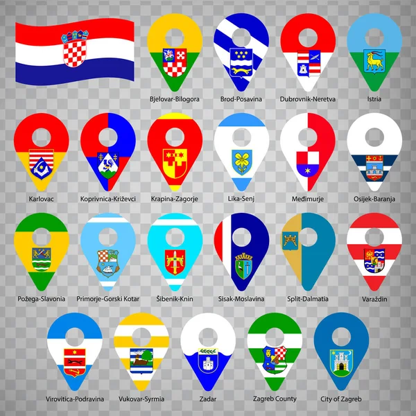 Ventuno Bandiere Regioni Della Croazia Ordine Alfabetico Con Nome Set — Vettoriale Stock