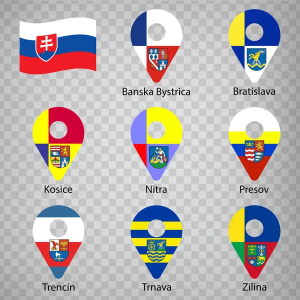 Οκτώ Σημαίες Των Περιφερειών Της Σλοβακίας Αλφαβητική Σειρά Όνομα Σύνολο — Διανυσματικό Αρχείο