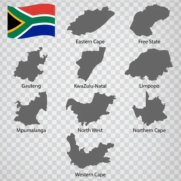 南アフリカの9つの地図 名前とアルファベット順 すべての州の地図が記載され 単語やタイトルで隔離されています 南アフリカだ Eps — ストックベクタ