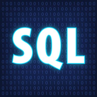 Makine kod dilleri neon tarzı. Dil programlama kavramı maviyle. Dizaynınız için ikili kod arka planında SQL dilini kullanın. Dış ışıltı. EPS10.