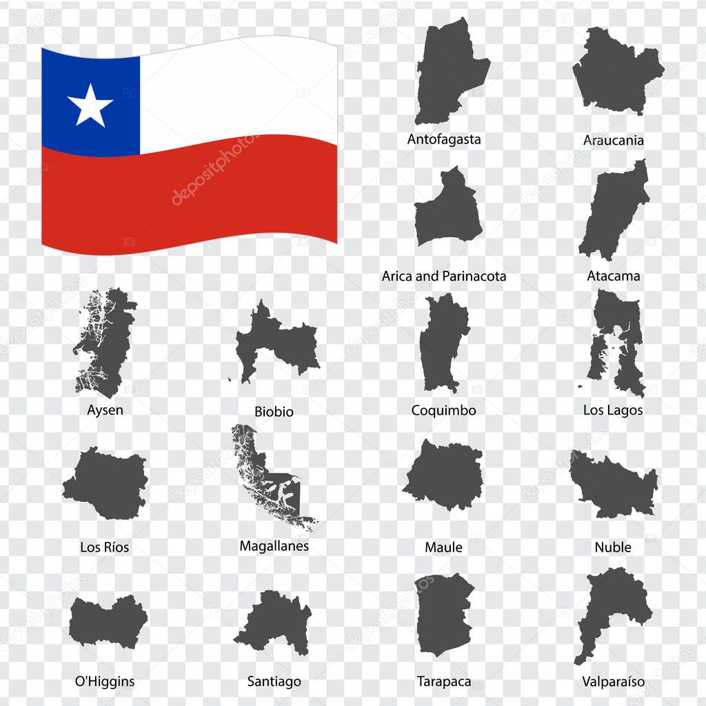Sixteen Maps Regions of Chile - alphabetical order with name. Every single map of Region are listed and isolated with wordings and titles. Republic of Chile. EPS 10.