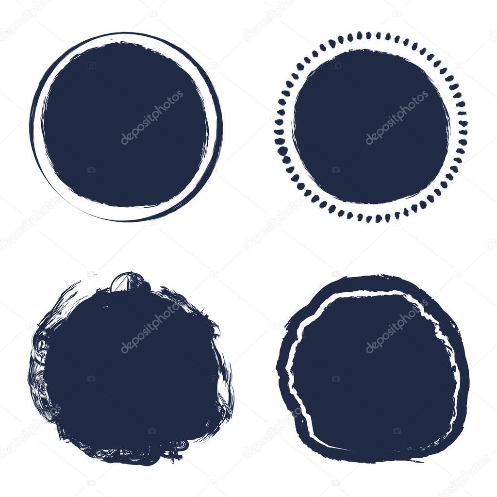 Brush strokes text boxes.  Grunge design elements.  Round frames Set. Dirty texture banners. Ink splatters. Painted objects.  Brush stroke ink texture for presentations, flyers, leaflets. EPS10.