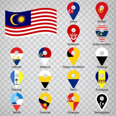 Sixteen flags the States of Malaysia-  alphabetical order with name.  Set of 2d geolocation signs like flags States of Malaysia.  Sixteen  2d geolocation signs for your design. EPS10 clipart