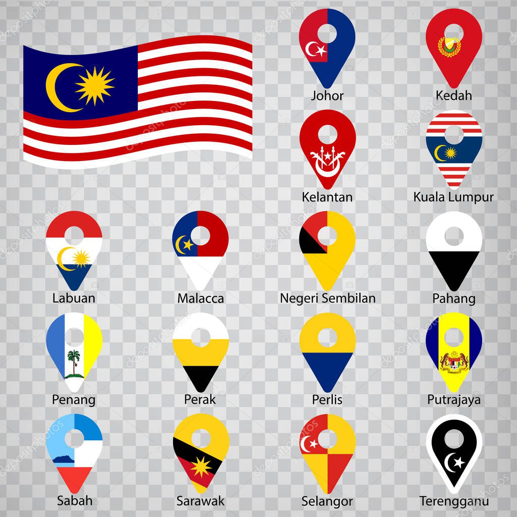 Sixteen flags the States of Malaysia-  alphabetical order with name.  Set of 2d geolocation signs like flags States of Malaysia.  Sixteen  2d geolocation signs for your design. EPS10