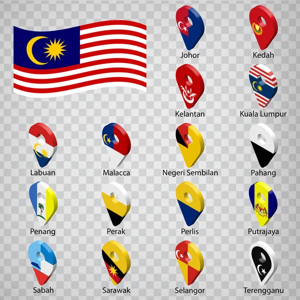 Enam Belas Bendera Urutan Abjad Negara Bagian Malaysia Dengan Nama - Stok Vektor