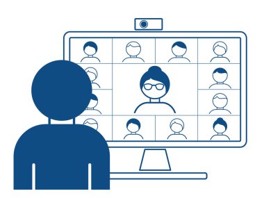 Webinar konsepti, çevrimiçi kurs, uzak eğitim, sanal toplantı, video konferans, internet grup konferansı, eğitim testi, evden çalışma, tasarımın için kolay iletişim. EPS10.