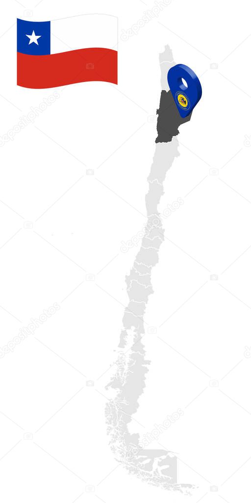 Location of  Antofagasta Region on map Chile. 3d location sign similar to the flag of Antofagasta. Quality map  with  provinces of  Chile for your design. EPS10