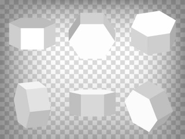 Şeffaf arkaplanda 3d Hexagonal prizma model simgeleri perspektif tahminleri kümesi. Üç boyutlu altıgen prizma. Web sitenizin tasarımı, uygulaması ve UI için grafik elementlerin soyut konsepti. EPS 10 