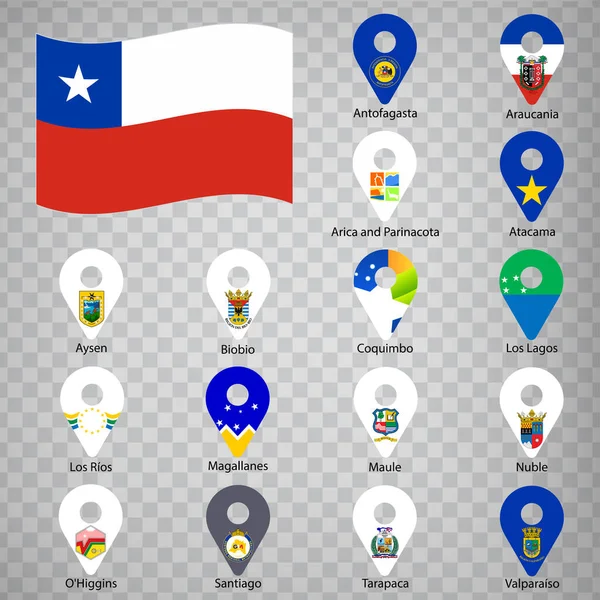 Tizenhat Zászló Régiók Chile Ábécé Sorrendben Névvel Állítsa Geolokációs Jelek — Stock Vector