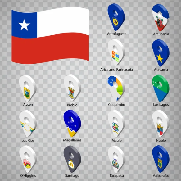 16把智利的地区标为字母顺序和名称 一组3D地理定位标志 如智利的国旗地区 16个3D地理定位标志为您的设计 Eps10 — 图库矢量图片