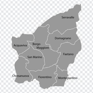 San Marino 'nun gri haritası. Bütün bölge haritaları başlıklarla dolu. Tasarımın için şeffaf arkaplan üzerine kurulu yüksek kaliteli San Marino haritası. EPS10.