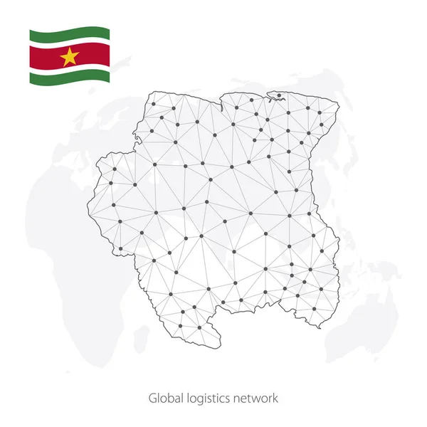 글로벌 네트워크 커뮤니케이션 네트워크는 Suriname 지도를 Suriname 노드가 폴리곤 스타일 — 스톡 벡터