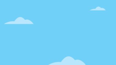 Gökyüzünde bulutlarla uçan kağıt uçağın çizgi film animasyonu. Mavi gökyüzünde uçan sarı kağıt uçak. Görüntü. MP4. Yedi saniye..