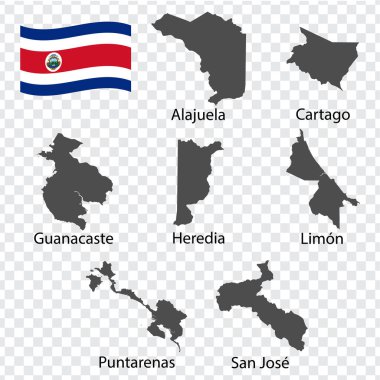 Seven Maps  Provinces of Costa Rica - alphabetical order with name. Every single map of Province are listed and isolated with wordings and titles. Costa Rica. EPS 10. clipart