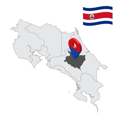 Location of  Cartago Province  on map Costa Rica. 3d location sign similar to the flag of Cartago. Quality map  with  provinces of  Costa Rica for your design. EPS10