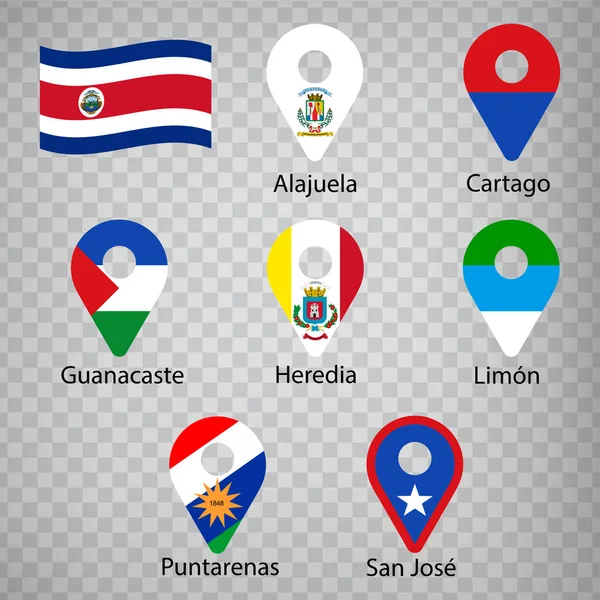 Seven Flags Provinces Costa Rica Alphabetical Order Name Set Geolocation — Vector de stock
